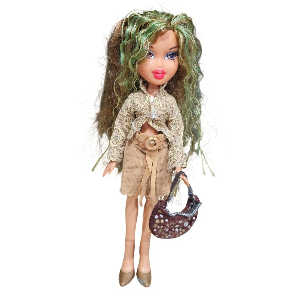 MGA Bratz Yasmin Doll Green Brown Hair Paisley Top Corduroy Skirt‎ Purse Heel